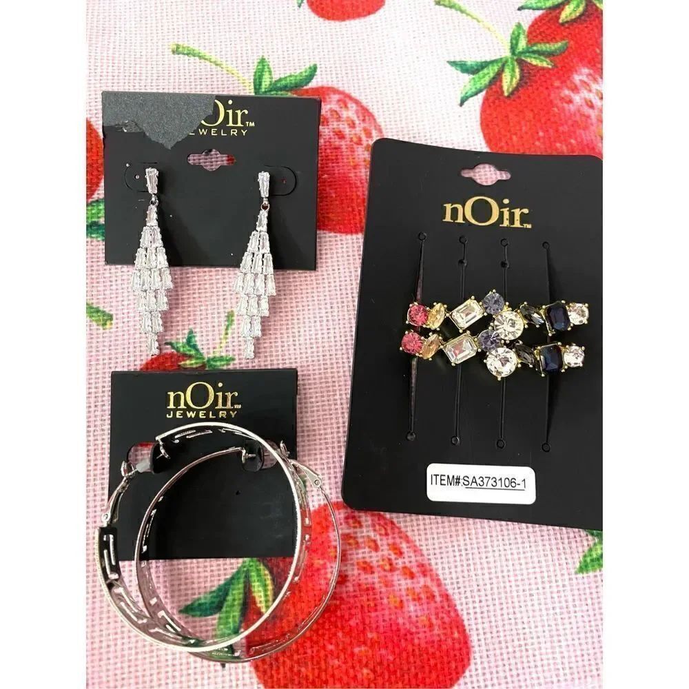 Set of 3 Noir Silver Hoop Earrings & Gold Barrette